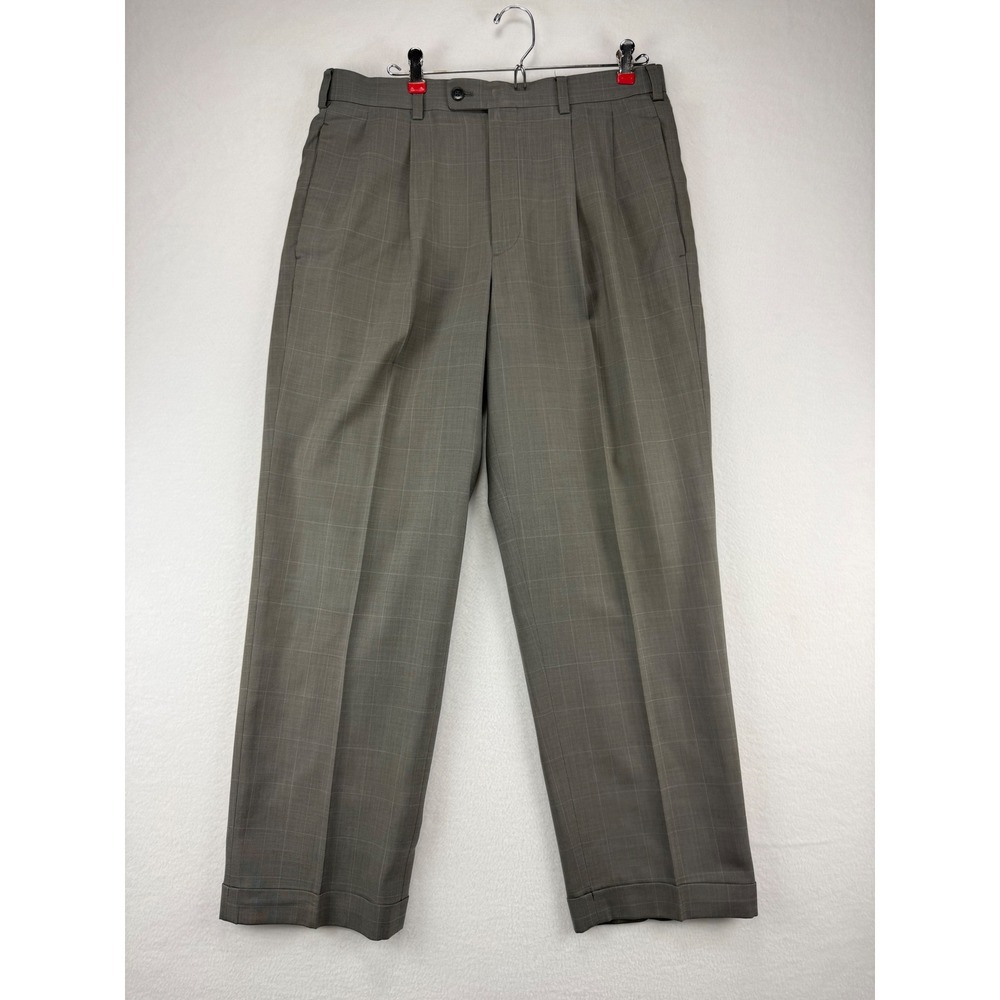 Perry Ellis Portfolio Dress Pants Mens 33x30 Gray Plaid Pleated Cuffed Trousers